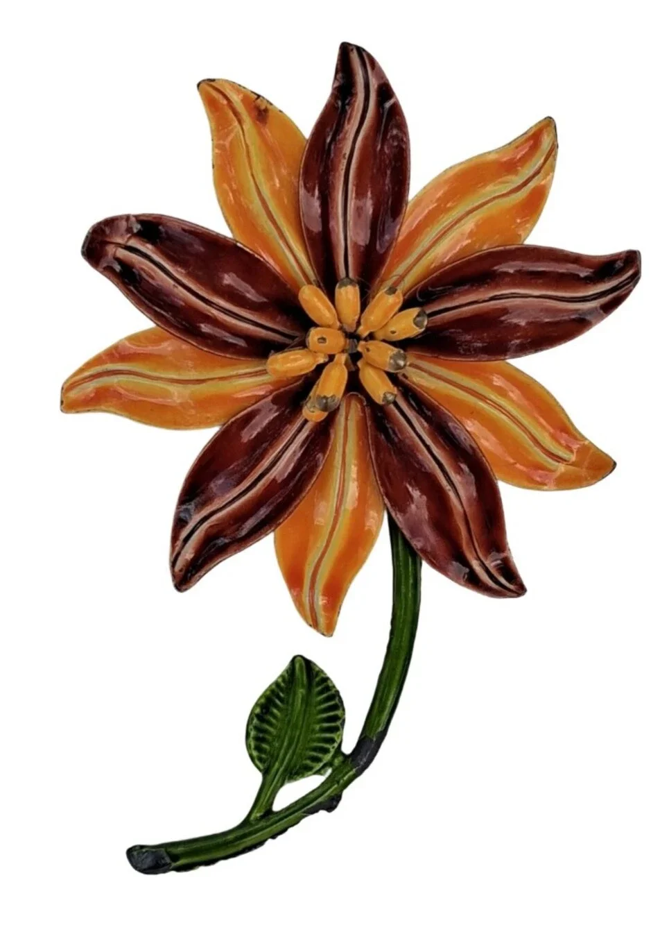 VTG 1960s Enamel Flower Power Brooch Orange Brown Tiger Lily Stem Pin